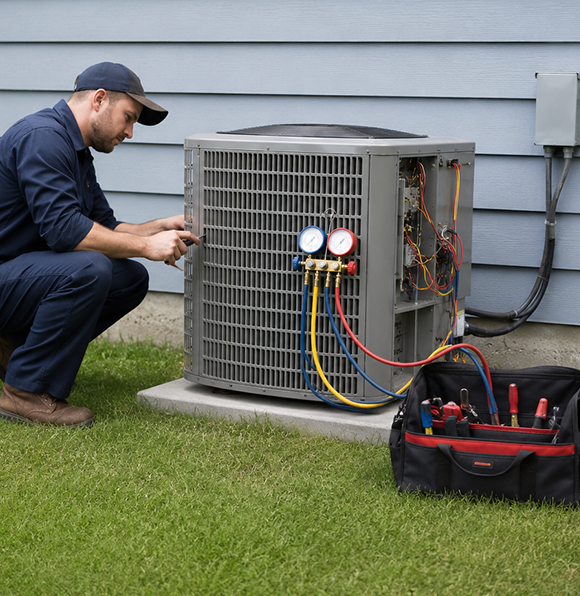 AC Repair Technician Servicing Outdoor Unit
