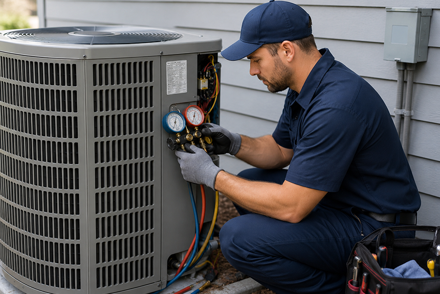 AC repair technician in dark blue uniform servicing residential air conditioning unit