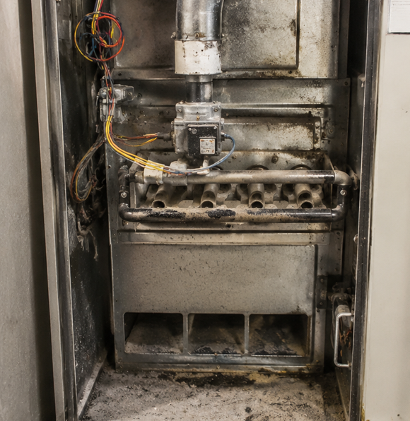 Clean residential furnace showing dust-free heating system components