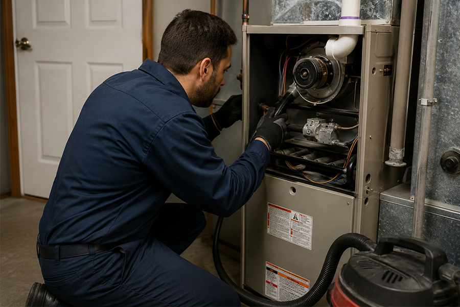 Residential furnace cleaning technician in dark blue uniform